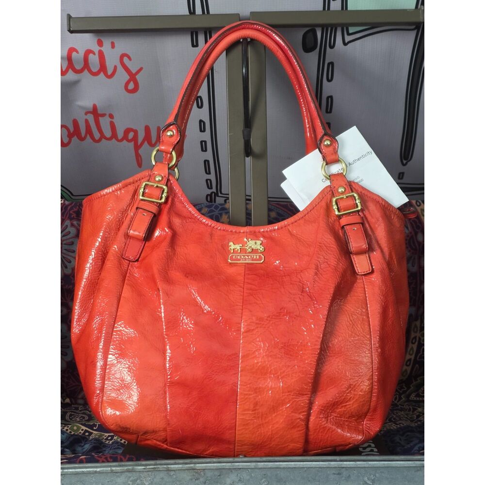 Coach (w/COA) Madison Satchel in Orange Patent Leather
